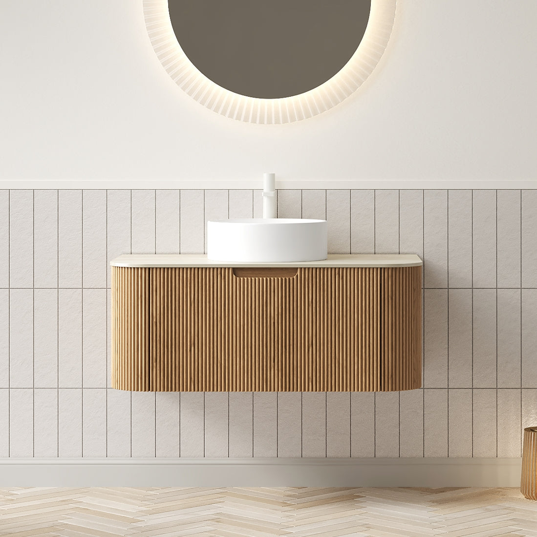 DINA 36" Bathroom Vanity&Sink, Floating Curved Edge Striped Plywood Storage Cabinet with Drawer, White Round Ceramic Basin&Travertine-Pattern Sintered Stone Top, Pre-assembled, Natural Woodgrain Color