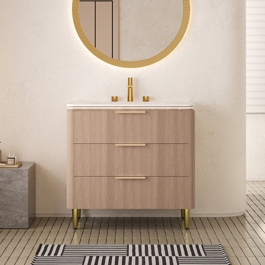 AMARA 36'' Bathroom Vanity&Sink, Freestanding Curved Edges Ultra-Slim Grille Plywood Storage Cabinet, 3 Drawers, Carrara White Sintered Stone Integrated Basin, Pre-assembled, Light Oak Woodgrain Color