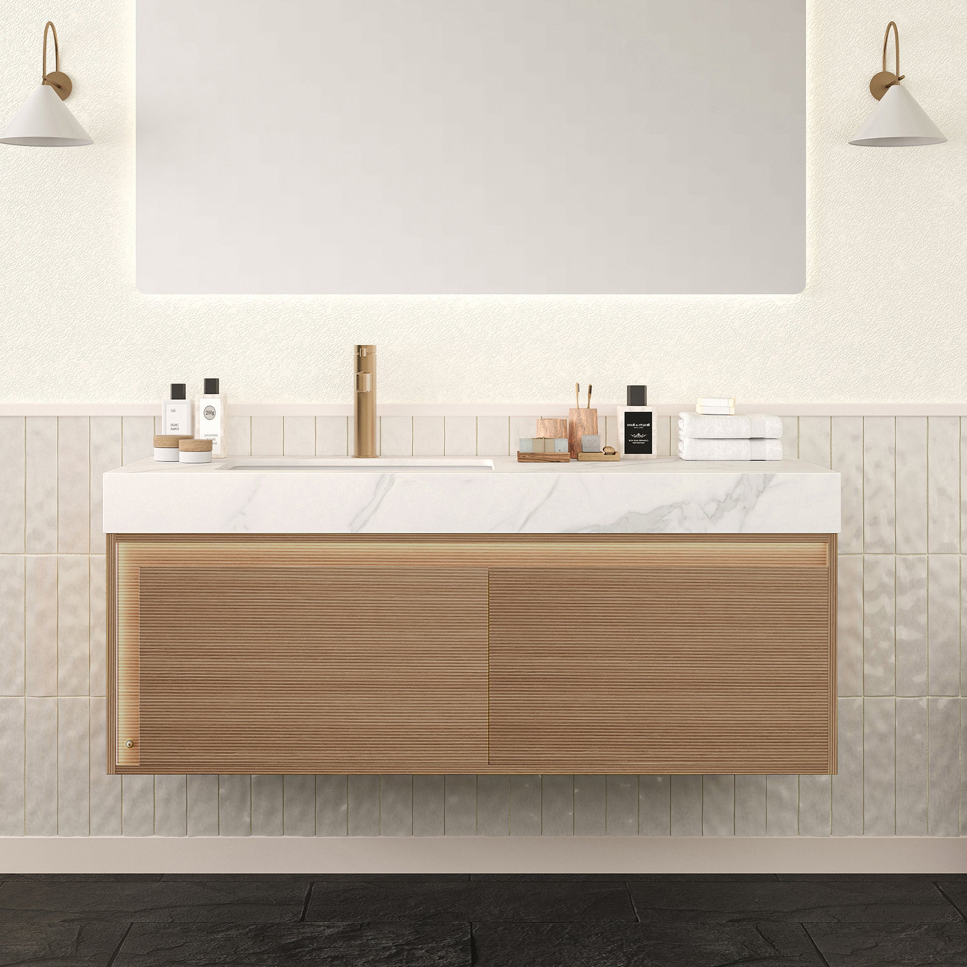 NYAH 48'' Bathroom Vanity&Sink, Floating Ultra-Slim Grille Plywood Storage Cabinet, Drawers with Sensor Light, Carrara White Sintered Stone Top&Ceramic Undermount Basin, Pre-assembled, Light Woodgrain