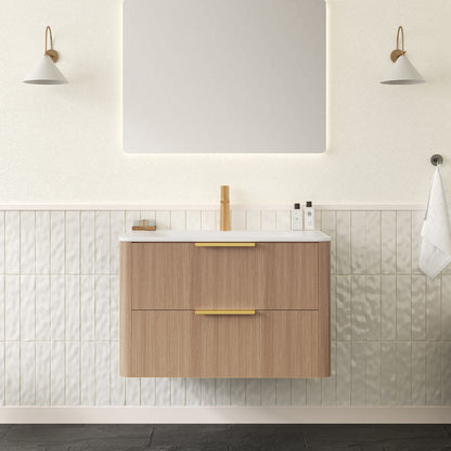ZANE 30" Bathroom Vanity with Sink, Floating Ultra-Pinstriped Plywood Storage Cabinet with Drawers, Carrara White Sintered Stone Hot-bent Integrated Basin, Pre-assembled, Light Natural Woodgrain Color