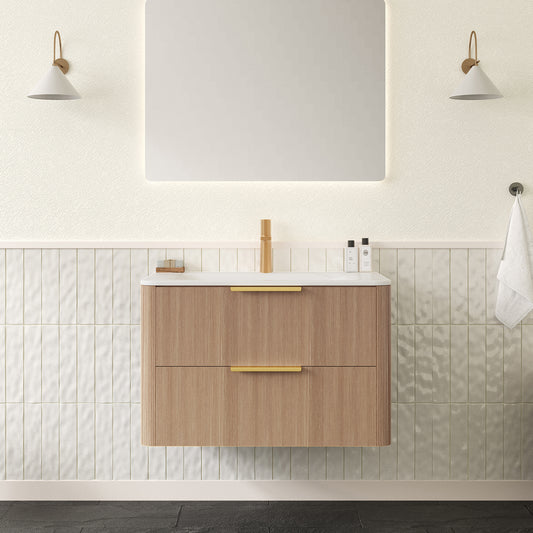 ZANE 30" Bathroom Vanity with Sink, Floating Ultra-Pinstriped Plywood Storage Cabinet with Drawers, Carrara White Sintered Stone Hot-bent Integrated Basin, Pre-assembled, Light Natural Woodgrain Color