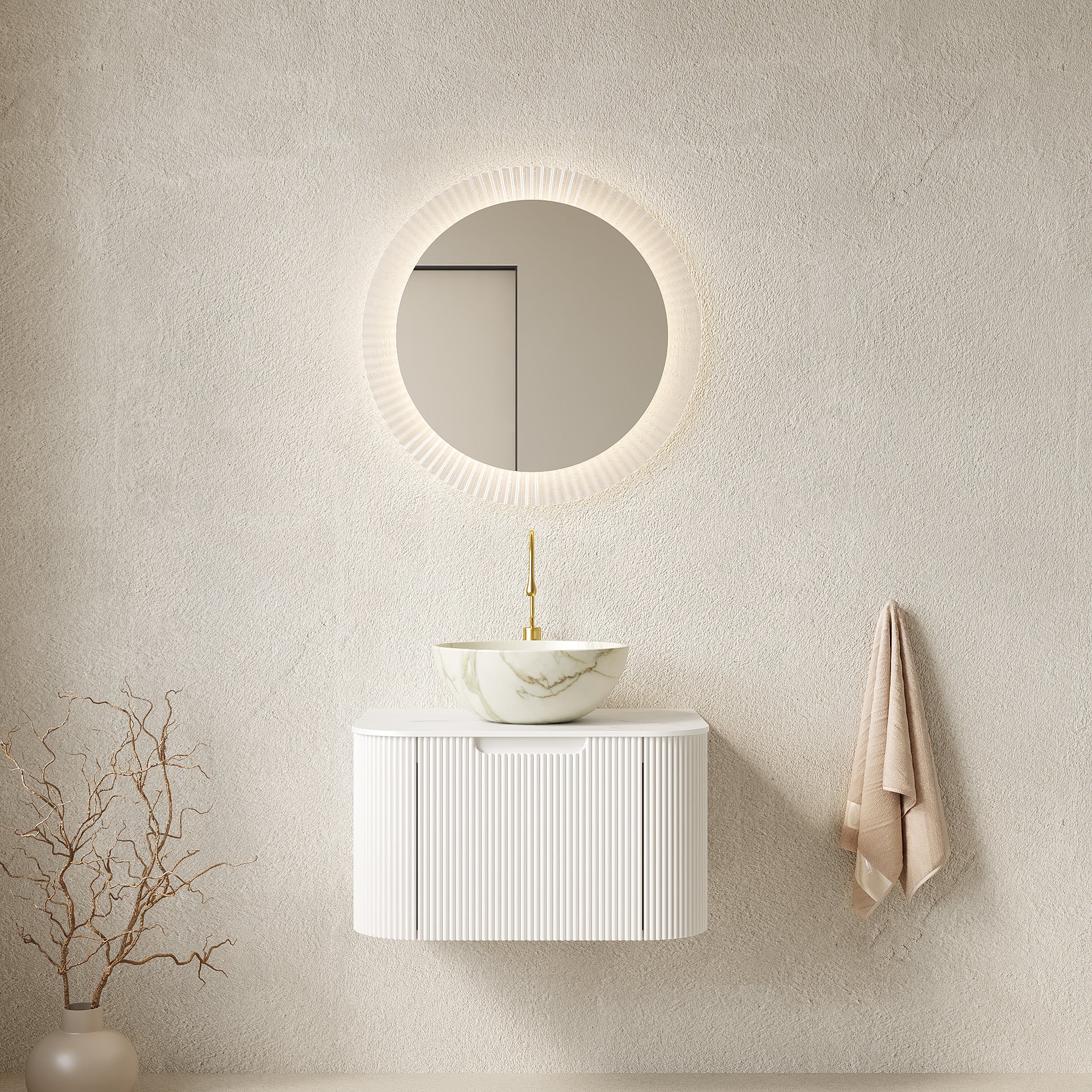 DINA 24" Bathroom Vanity&Sink, Floating Curved Edges Striped Storage Cabinet with Drawer, Matte Stone White Bowl Ceramic Basin&Carrara White Sintered Stone Top, Pre-assembled, White Color