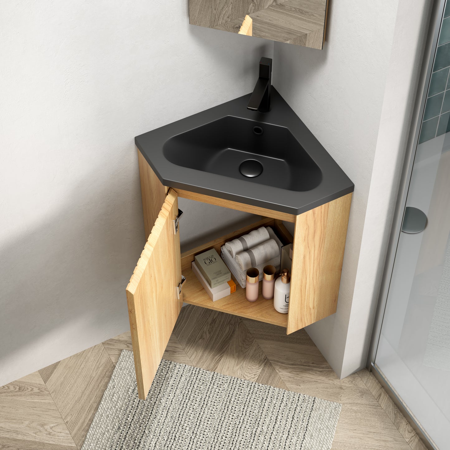 Black & Natural Wood Bathroom Vanity - Corner Storage Sink