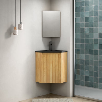 ZURI 30" Bathroom Vanity&Sink, Wall-Mounted Floating Triangular Striped Plywood Storage Cabinet with One Door, Black Integrated Resin Basin, Suitable for Corner, Preassembled, Natural Woodgrain Color