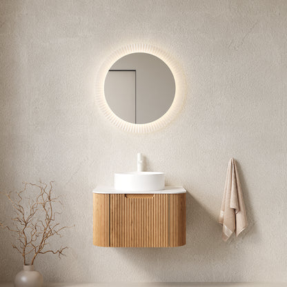DINA 24" Bathroom Vanity&Sink, Floating Curved Edges Striped Bathroom Storage Cabinet with Drawer, White Round Ceramic Basin&Carrara White Artificial Marble Top, Pre-assembled, Natural Woodgrain Color