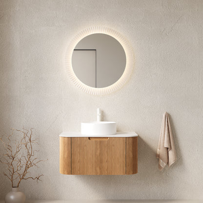 DINA 30" Bathroom Vanity&Sink, Floating Curved Edges Striped Bathroom Storage Cabinet with Drawer, White Round Ceramic Basin&Carrara White Artificial Marble Top, Pre-assembled, Natural Woodgrain Color