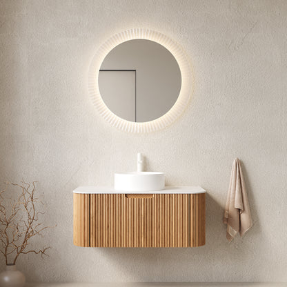 DINA 36" Bathroom Vanity&Sink, Floating Curved Edges Striped Bathroom Storage Cabinet with Drawer, White Round Ceramic Basin&Carrara White Artificial Marble Top, Pre-assembled, Natural Woodgrain Color