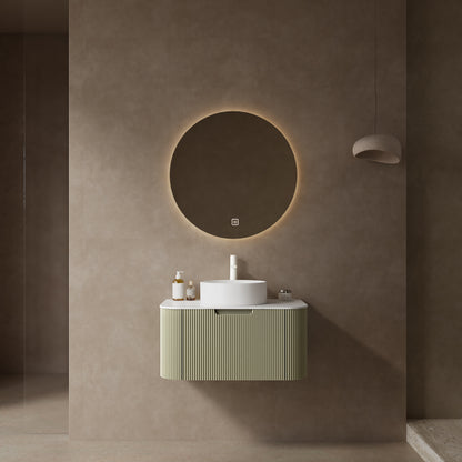 DINA 30" Bathroom Vanity with Sink, Modern Wall-Mounted Floating Curved Edges Striped Bathroom Storage Cabinet with a Drawer, White Round Ceramic Basin without Faucet, Pre-assembled, Light Green Color