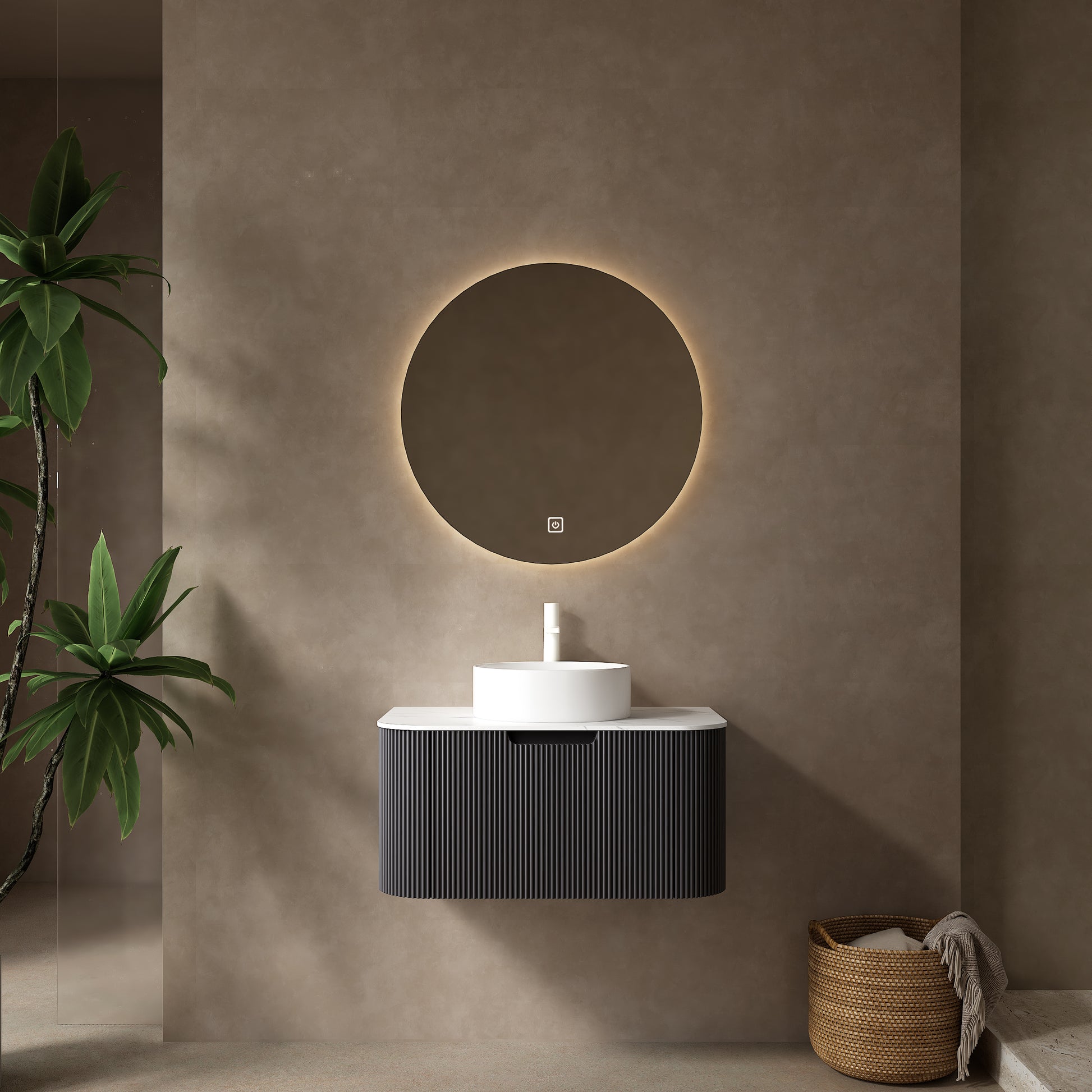 DINA 30" Bathroom Vanity with Sink, Modern Wall-Mounted Floating Curved Edges Striped Bathroom Storage Cabinet with a Drawer, White Round Ceramic Basin without Faucet, Pre-assembled, Black Color