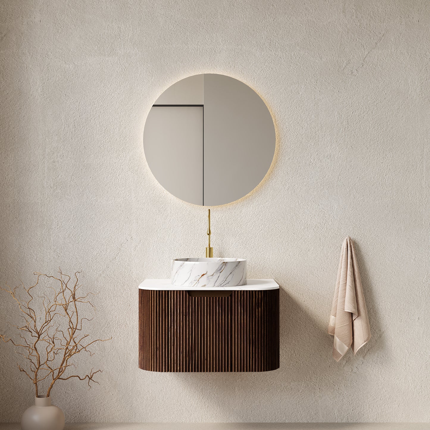 DINA 24" Bathroom Vanity with Sink, Wall-Mounted Floating Curved Edges Striped Bathroom Storage Cabinet with Drawer, White Ceramic Basin with Stone Pattern, Pre-assembled, Dark Walnut Woodgrain Color