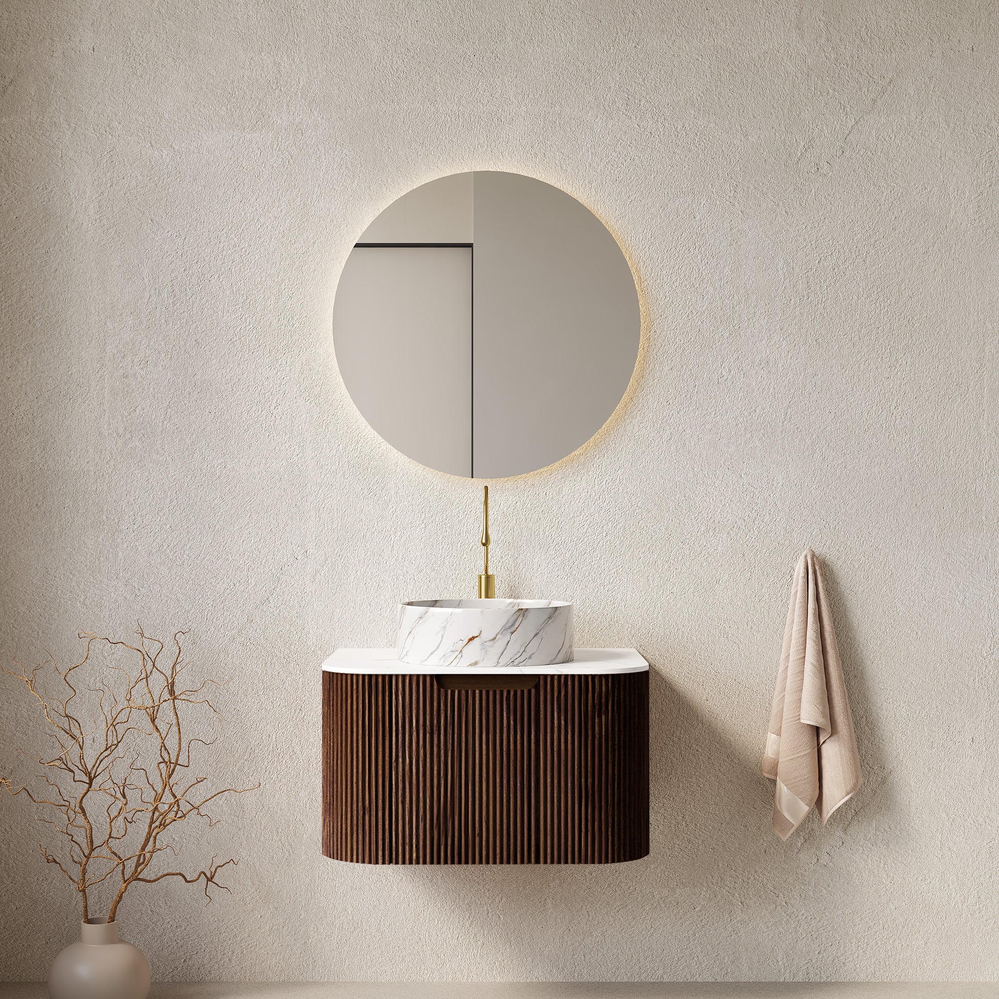 DINA 24" Bathroom Vanity with Sink, Wall-Mounted Floating Curved Edges Striped Bathroom Storage Cabinet with Drawer, White Ceramic Basin with Stone Pattern, Pre-assembled, Dark Walnut Woodgrain Color