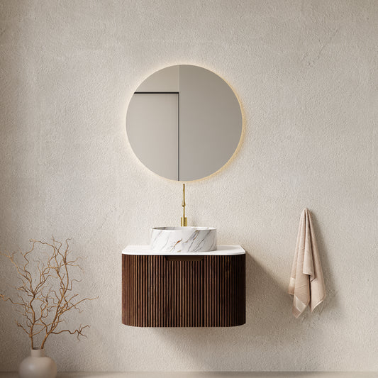 DINA 24" Bathroom Vanity with Sink, Wall-Mounted Floating Curved Edges Striped Bathroom Storage Cabinet with Drawer, White Ceramic Basin with Stone Pattern, Pre-assembled, Dark Walnut Woodgrain Color