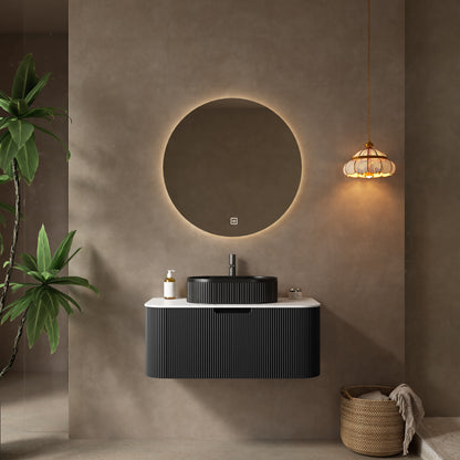 DINA 36" Bathroom Vanity with Sink, Modern Wall-Mounted Floating Curved Edges Striped Bathroom Storage Cabinet with a Drawer, Black Ceramic Vessel Basin without Faucet, Pre-assembled, Black Color