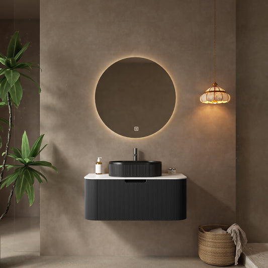 DINA 36" Bathroom Vanity with Sink, Modern Wall-Mounted Floating Curved Edges Striped Bathroom Storage Cabinet with a Drawer, Black Ceramic Vessel Basin without Faucet, Pre-assembled, Black Color
