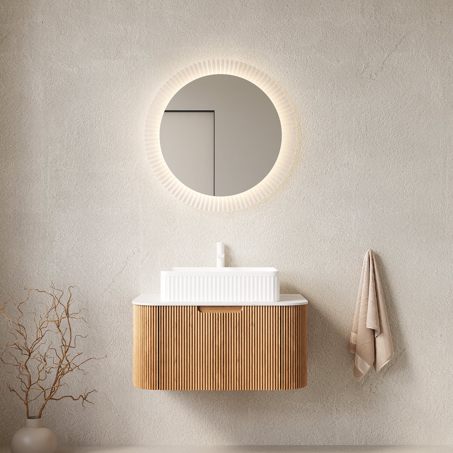 DINA 30"  Bathroom Vanity with Sink, Wall-Mounted Floating Curved Edges Striped Bathroom Storage Cabinet with Drawer, White Rectangular Ceramic Basin, No Faucet, Pre-assembled, Natural Woodgrain Color