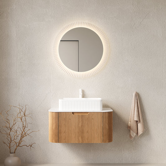 DINA 30"  Bathroom Vanity with Sink, Wall-Mounted Floating Curved Edges Striped Bathroom Storage Cabinet with Drawer, White Rectangular Ceramic Basin, No Faucet, Pre-assembled, Natural Woodgrain Color