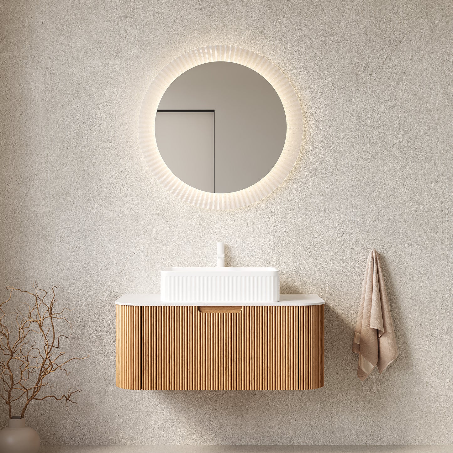 DINA 36" Bathroom Vanity with Sink, Wall-Mounted Floating Curved Edges Striped Bathroom Storage Cabinet with Drawer, White Rectangular Ceramic Basin, No Faucet, Pre-assembled, Natural Woodgrain Color