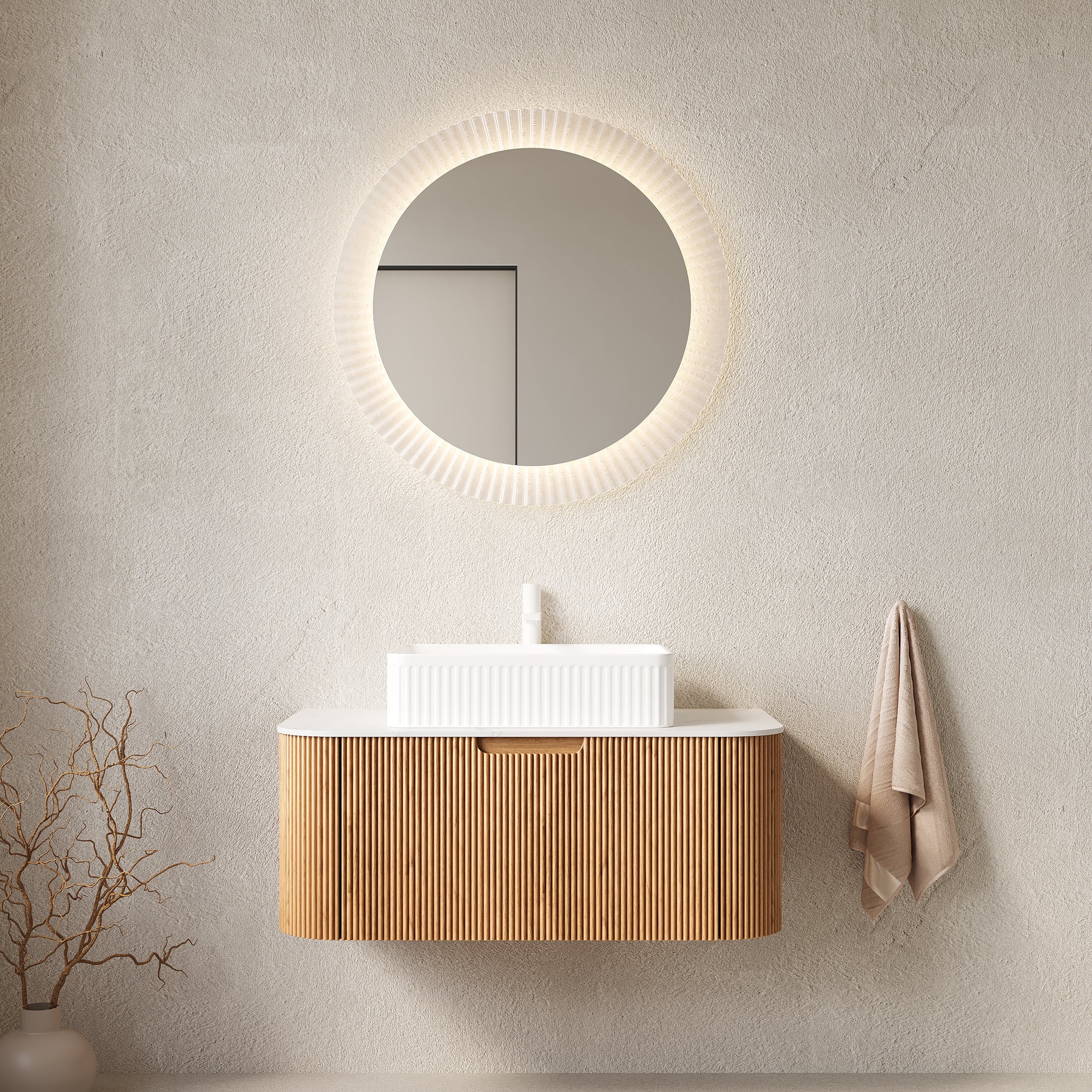 DINA 36" Bathroom Vanity with Sink, Wall-Mounted Floating Curved Edges Striped Bathroom Storage Cabinet with Drawer, White Rectangular Ceramic Basin, No Faucet, Pre-assembled, Natural Woodgrain Color