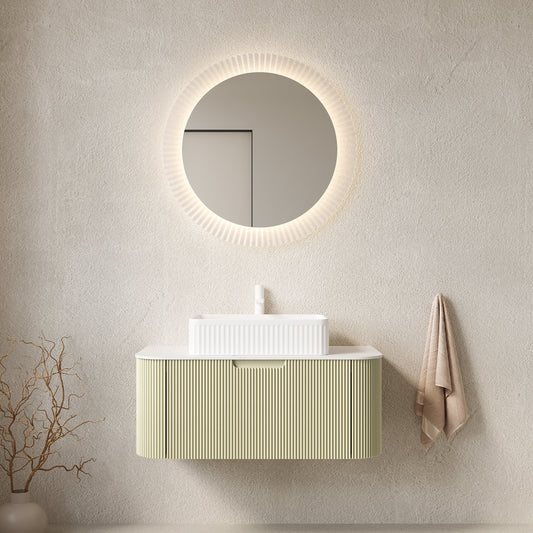 DINA 36" Bathroom Vanity with Sink, Wall-Mounted Floating Curved Edges Striped Bathroom Storage Cabinet with Drawer, White Rectangular Ceramic Basin, No Faucet, Pre-assembled, Light Green Color