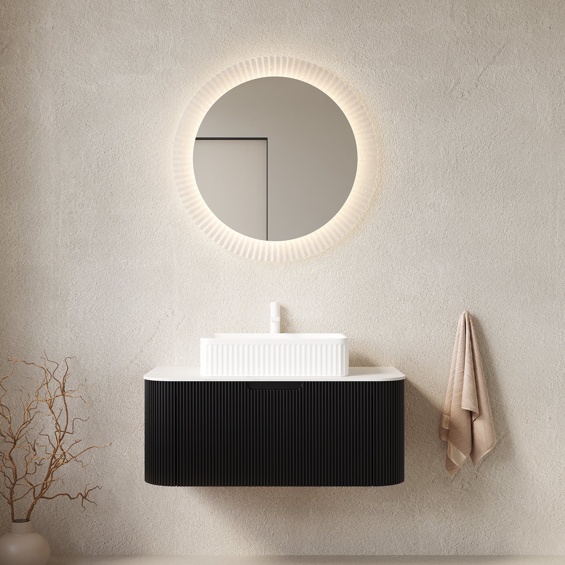 DINA 36" Bathroom Vanity with Sink, Wall-Mounted Floating Curved Edges Striped Bathroom Storage Cabinet with Drawer, White Rectangular Ceramic Basin, No Faucet, Pre-assembled, Black Color
