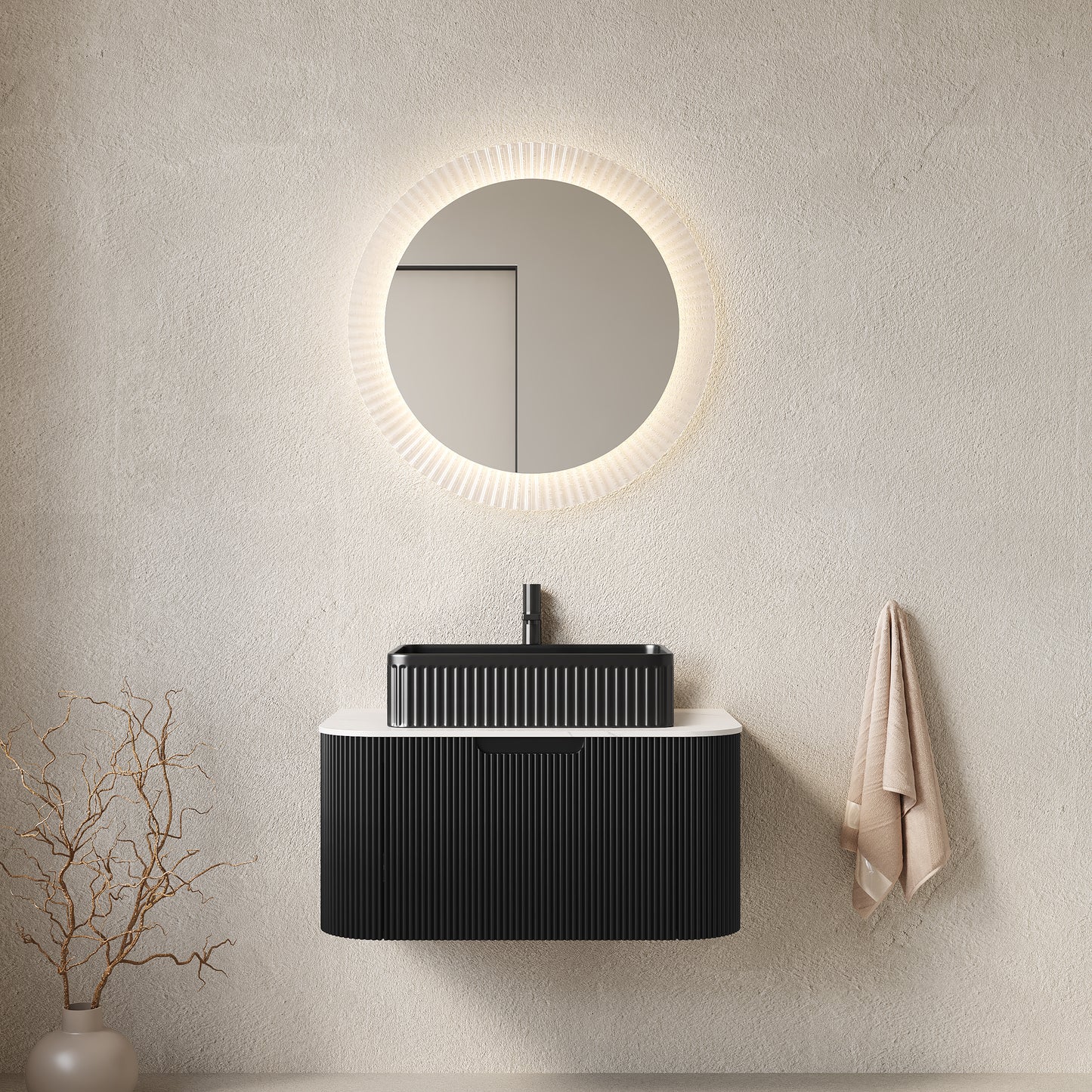 DINA 30" Bathroom Vanity with Sink, Wall-Mounted Floating Curved Edges Striped Bathroom Storage Cabinet with a Drawer, Black Rectangular Ceramic Basin, No Faucet, Pre-assembled, Black Color
