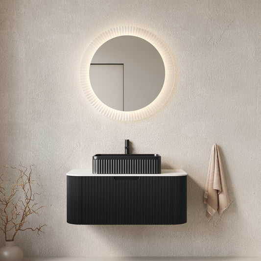 DINA 36" Bathroom Vanity with Sink, Wall-Mounted Floating Curved Edges Striped Bathroom Storage Cabinet with Drawer, Black Rectangular Ceramic Basin, No Faucet, Pre-assembled, Black Color