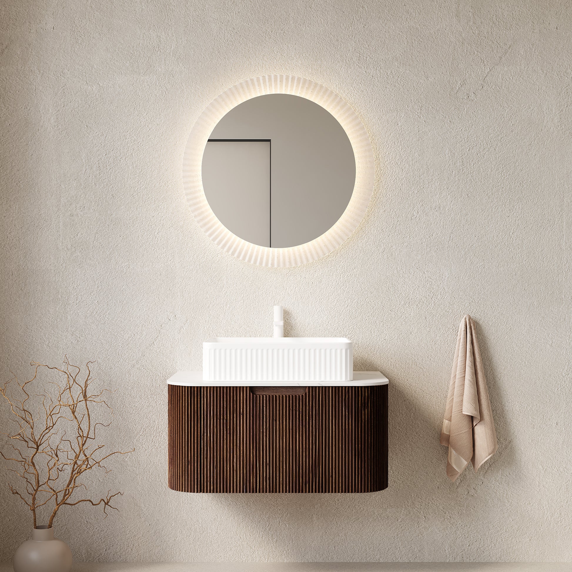 DINA 30" Bathroom Vanity with Sink, Wall-Mounted Floating Curved Edges Striped Bathroom Storage Cabinet with Drawer, White Rectangular Ceramic Basin, No Faucet, Pre-assembled, Walnut Color