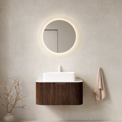 DINA 30" Bathroom Vanity with Sink, Wall-Mounted Floating Curved Edges Striped Bathroom Storage Cabinet with Drawer, White Rectangular Ceramic Basin, No Faucet, Pre-assembled, Walnut Color
