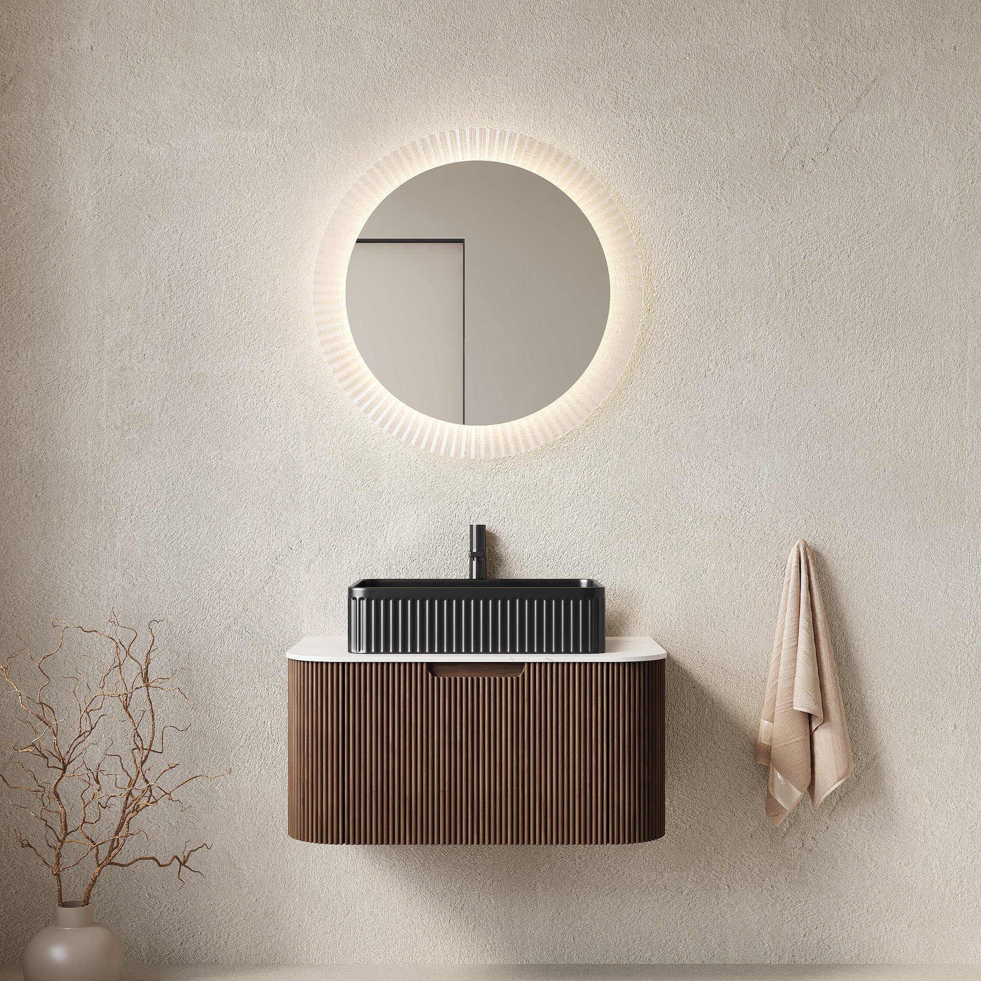 DINA 30" Bathroom Vanity with Sink, Wall-Mounted Floating Curved Edges Striped Bathroom Storage Cabinet with a Drawer, Black Rectangular Ceramic Basin, No Faucet, Pre-assembled, Walnut Color