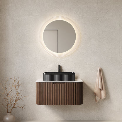 DINA 30" Bathroom Vanity with Sink, Wall-Mounted Floating Curved Edges Striped Bathroom Storage Cabinet with a Drawer, Black Rectangular Ceramic Basin, No Faucet, Pre-assembled, Walnut Color