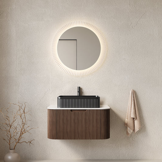 DINA 30" Bathroom Vanity with Sink, Wall-Mounted Floating Curved Edges Striped Bathroom Storage Cabinet with a Drawer, Black Rectangular Ceramic Basin, No Faucet, Pre-assembled, Walnut Color