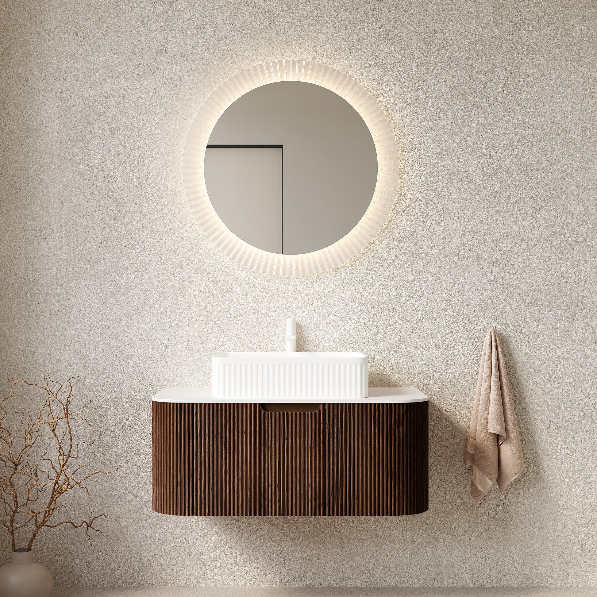 DINA 36" Bathroom Vanity with Sink, Wall-Mounted Floating Curved Edges Striped Bathroom Storage Cabinet with Drawer, White Rectangular Ceramic Basin, No Faucet, Pre-assembled, Dark Walnut Color