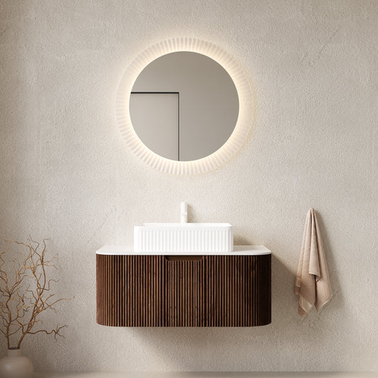 DINA 36" Bathroom Vanity with Sink, Wall-Mounted Floating Curved Edges Striped Bathroom Storage Cabinet with Drawer, White Rectangular Ceramic Basin, No Faucet, Pre-assembled, Dark Walnut Color