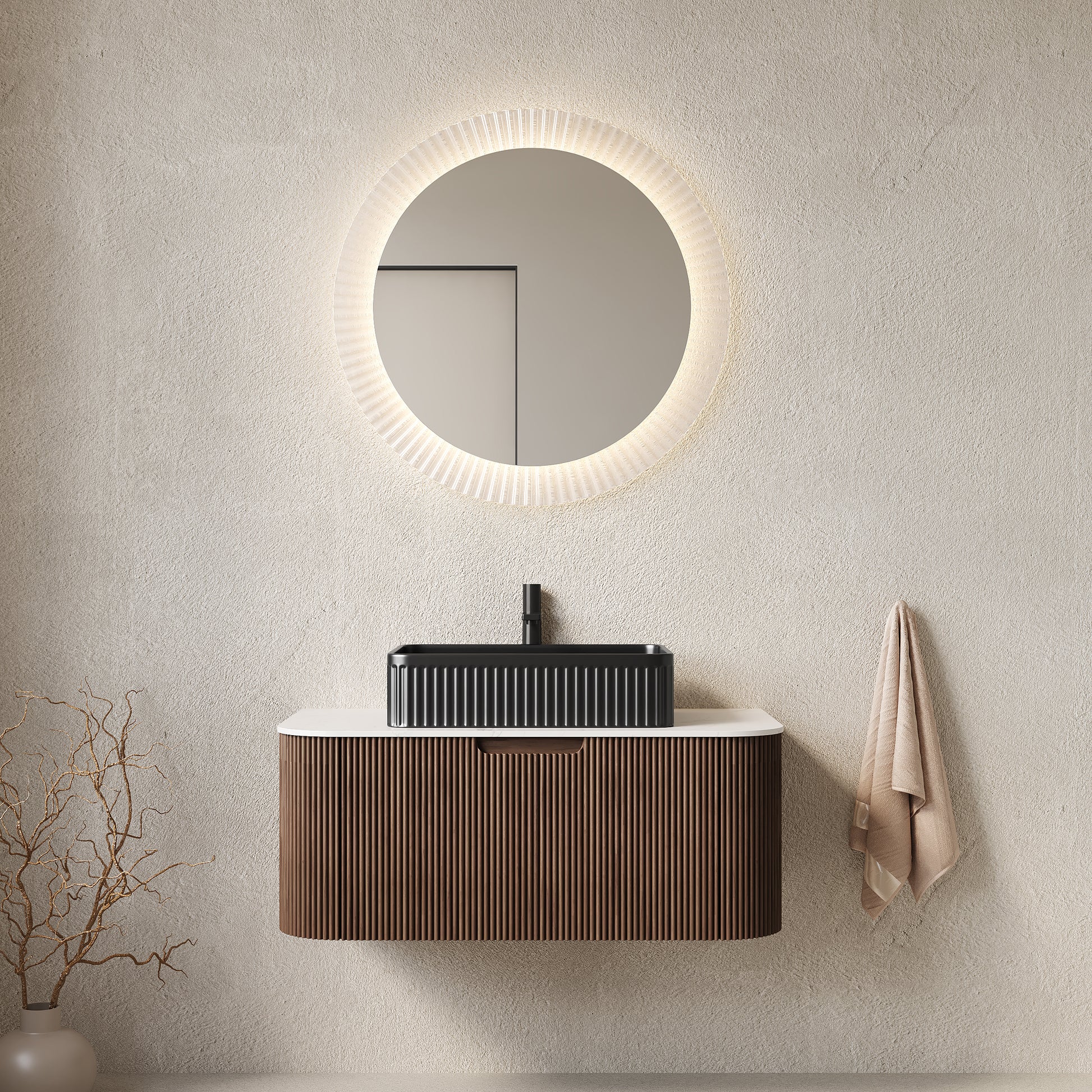 DINA 36" Bathroom Vanity with Sink, Wall-Mounted Floating Curved Edges Striped Bathroom Storage Cabinet with Drawer, Black Rectangular Ceramic Basin, No Faucet, Pre-assembled, Dark Walnut Color