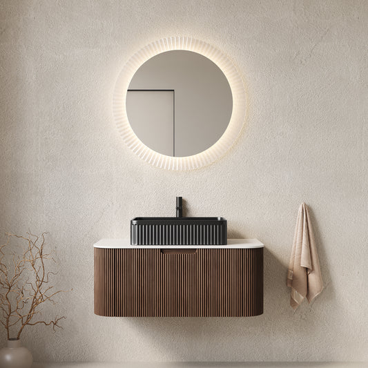 DINA 36" Bathroom Vanity with Sink, Wall-Mounted Floating Curved Edges Striped Bathroom Storage Cabinet with Drawer, Black Rectangular Ceramic Basin, No Faucet, Pre-assembled, Dark Walnut Color