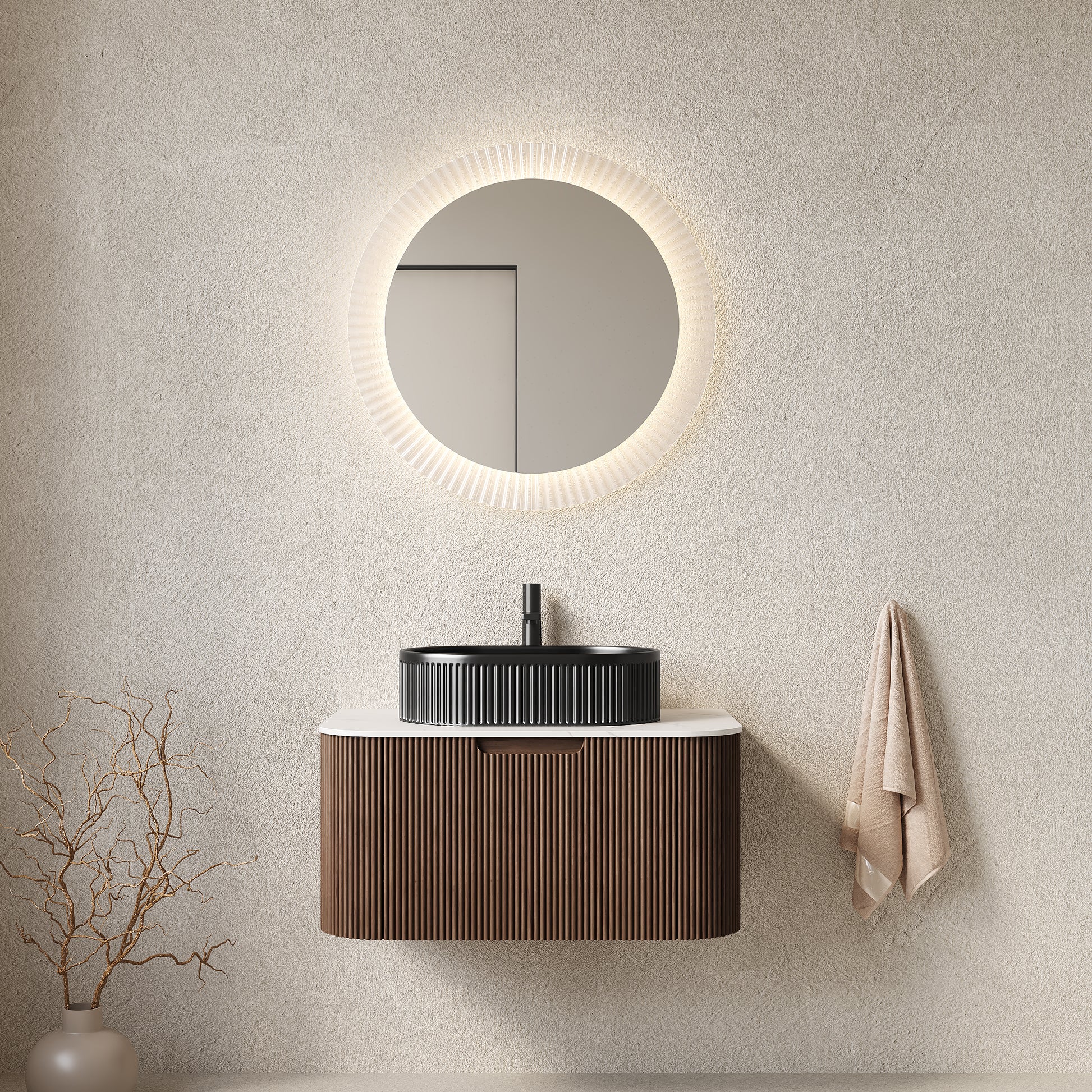 DINA 30" Bathroom Vanity with Sink, Modern Wall-Mounted Curved Edges Striped Bathroom Storage Cabinet with a Drawer, Black Ceramic Vessel Basin, NO Faucet, Pre-assembled, Dark Walnut Woodgrain Color