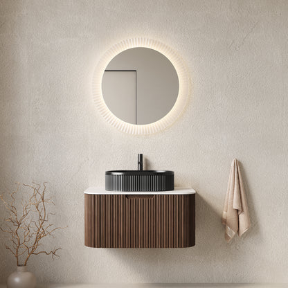 DINA 30" Bathroom Vanity with Sink, Modern Wall-Mounted Curved Edges Striped Bathroom Storage Cabinet with a Drawer, Black Ceramic Vessel Basin, NO Faucet, Pre-assembled, Dark Walnut Woodgrain Color
