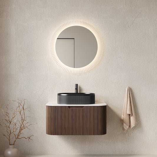 DINA 30" Bathroom Vanity with Sink, Modern Wall-Mounted Curved Edges Striped Bathroom Storage Cabinet with a Drawer, Black Ceramic Vessel Basin, NO Faucet, Pre-assembled, Dark Walnut Woodgrain Color