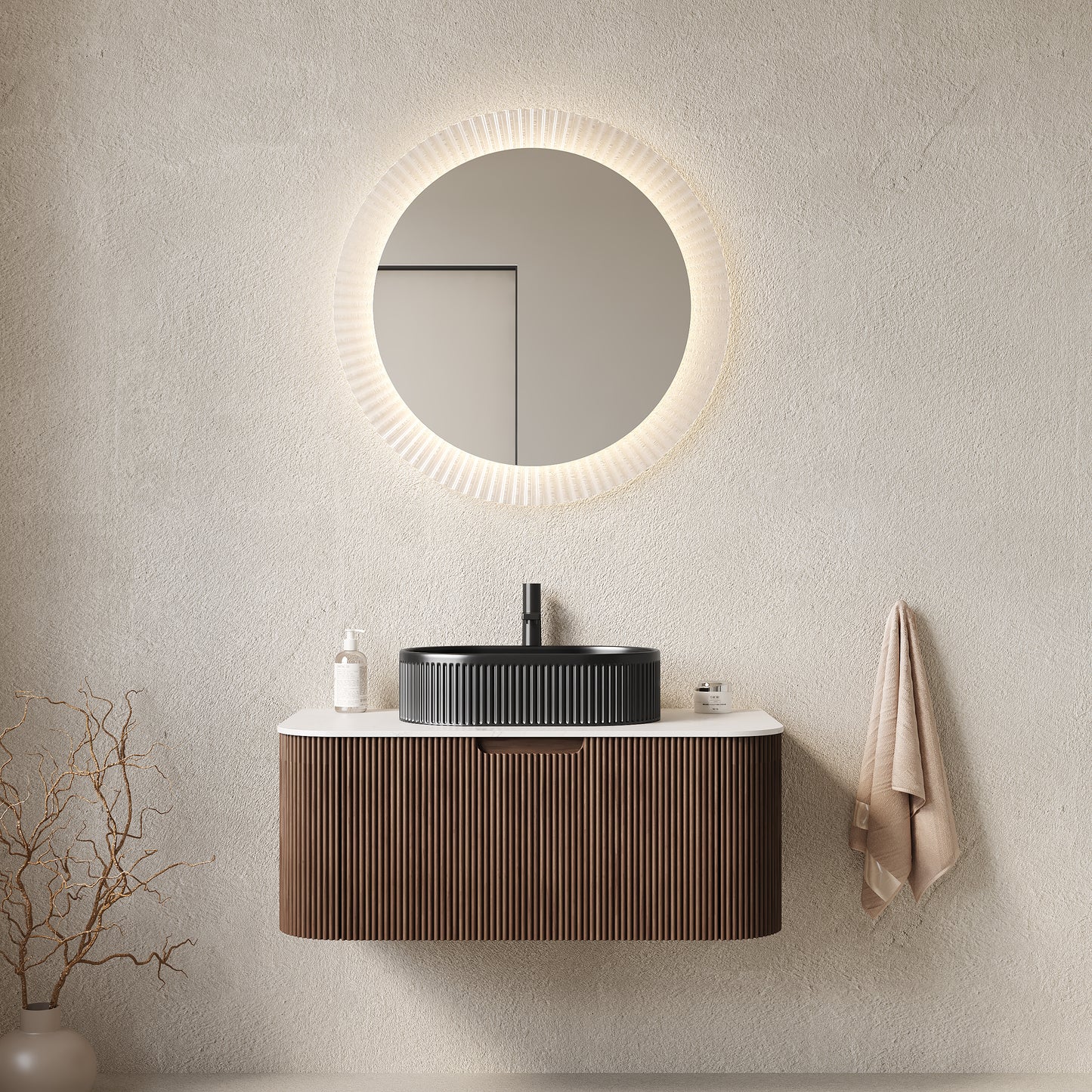 DINA 36" Bathroom Vanity with Sink, Modern Wall-Mounted Curved Edges Striped Bathroom Storage Cabinet with a Drawer, Black Ceramic Vessel Basin, NO Faucet, Pre-assembled, Dark Walnut Woodgrain Color
