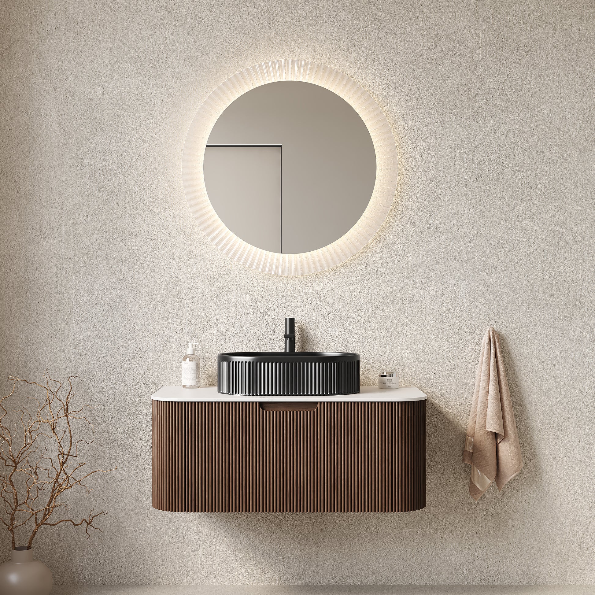 DINA 36" Bathroom Vanity with Sink, Modern Wall-Mounted Curved Edges Striped Bathroom Storage Cabinet with a Drawer, Black Ceramic Vessel Basin, NO Faucet, Pre-assembled, Dark Walnut Woodgrain Color