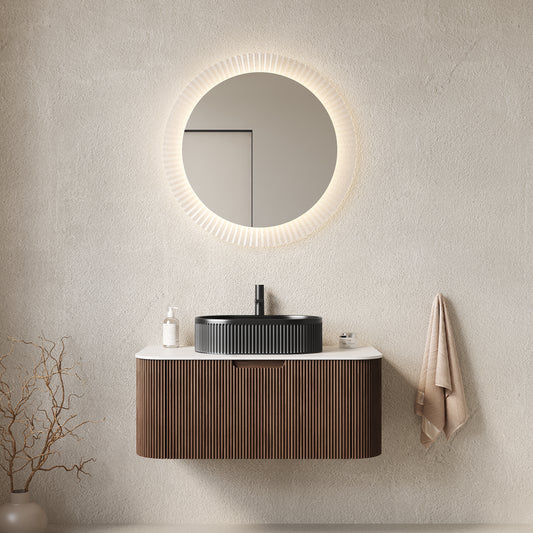 DINA 36" Bathroom Vanity with Sink, Modern Wall-Mounted Curved Edges Striped Bathroom Storage Cabinet with a Drawer, Black Ceramic Vessel Basin, NO Faucet, Pre-assembled, Dark Walnut Woodgrain Color