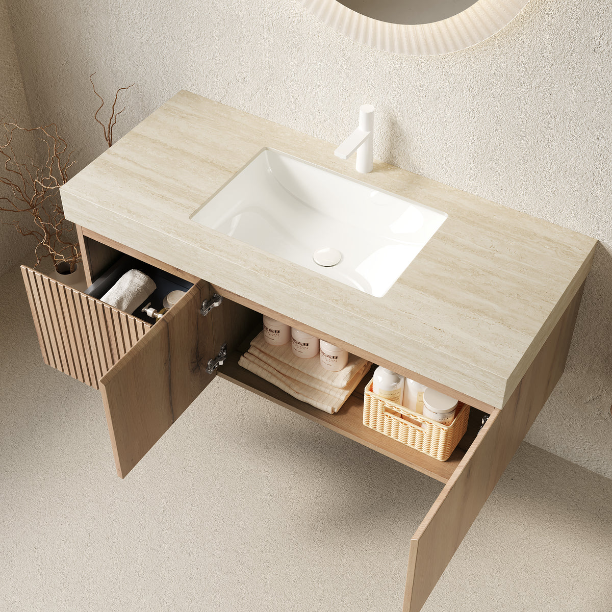 MURI 48" Bathroom Vanity & Sink - Beige, White Oak
