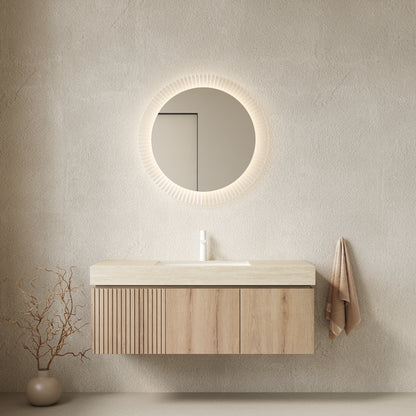 MURI 48" Bathroom Vanity&Sink, Floating Plywood Storage Cabinet with Drawer&Doors, Roma Travertine Sintered Stone Top&Ceramic Basin with 1 Pre-drilled Faucet Hole, Pre-assembled, White Oak Woodgrain