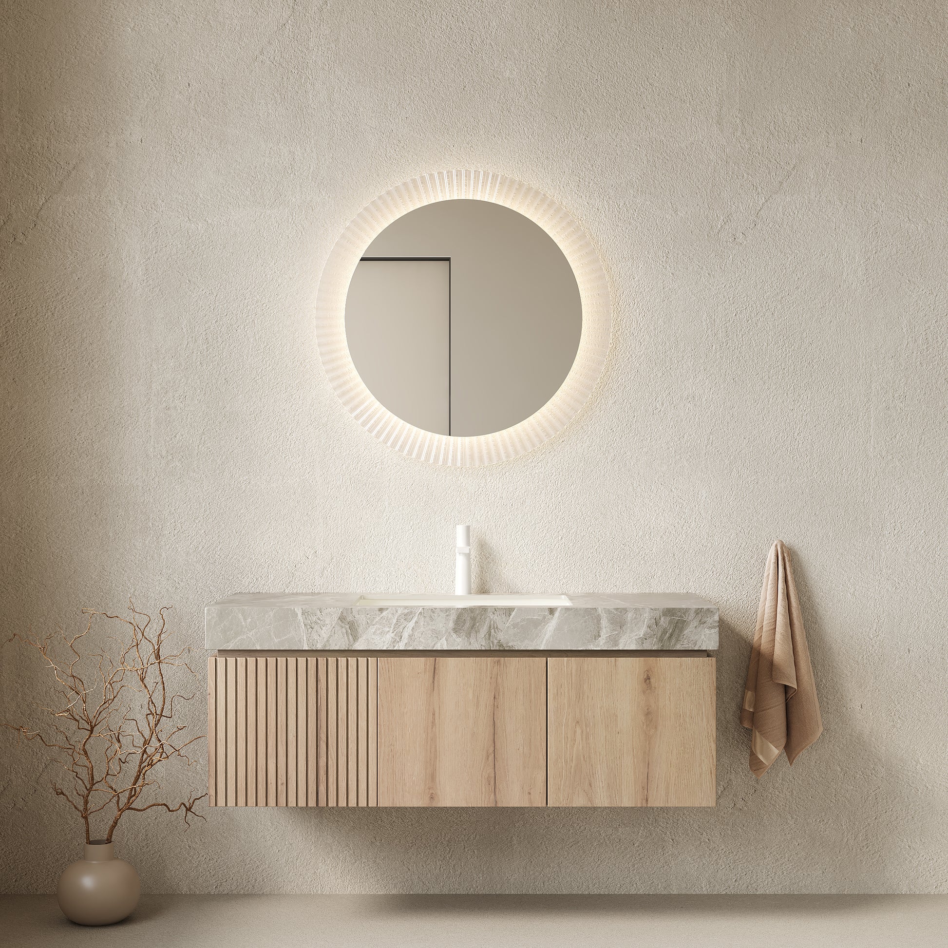 MURI 48" Bathroom Vanity&Sink, Floating Plywood Storage Cabinet with Drawer&Doors, Light Gray Sintered StoneTop&Ceramic Basin with 1 Pre-drilled Faucet Hole, Pre-assembled,  White Oak Woodgrain Color