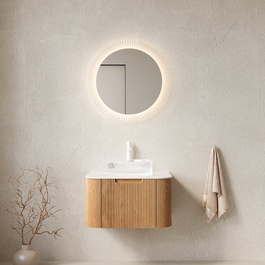 DINA 24" Bathroom Vanity with Sink, Wall-Mounted Floating Curved Edges Striped Storage Cabinet with Drawer, Transparent Round Glass Basin and Countertop, Pre-assembled, Natural Woodgrain Color