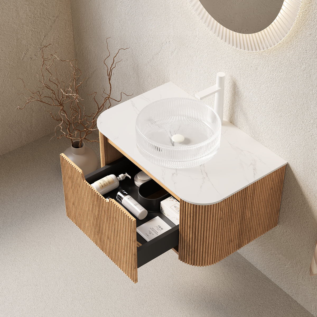 Modern Wall-Mounted Bathroom Vanity with Wood Finish and Glass Basin