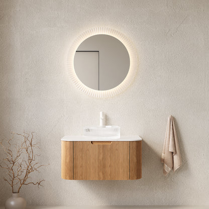 DINA 30" Bathroom Vanity with Sink, Wall-Mounted Floating Curved Edges Striped Storage Cabinet with Drawer, Transparent Round Glass Basin and Countertop, Pre-assembled, Natural Woodgrain Color