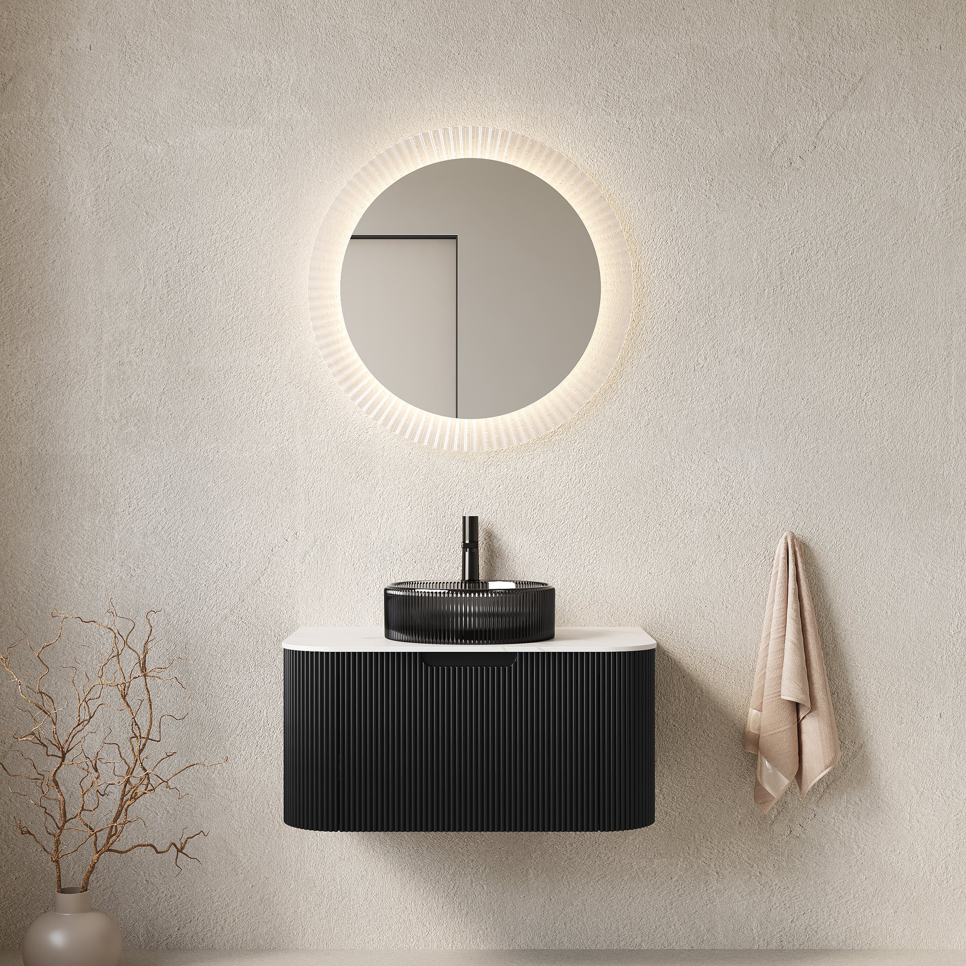 DINA 30" Bathroom Vanity with Sink, Wall-Mounted Floating Curved Edges Striped Bathroom Storage Cabinet with a Drawer, Transparent Black Round Glass Basin and Countertop, Pre-assembled, Black Color