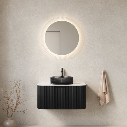 DINA 30" Bathroom Vanity with Sink, Wall-Mounted Floating Curved Edges Striped Bathroom Storage Cabinet with a Drawer, Transparent Black Round Glass Basin and Countertop, Pre-assembled, Black Color