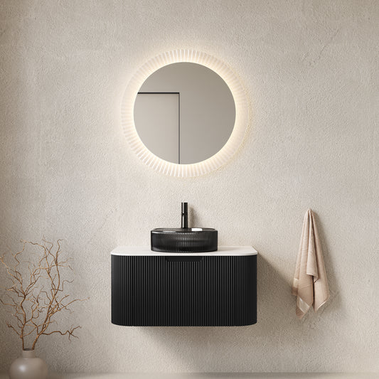 DINA 30" Bathroom Vanity with Sink, Wall-Mounted Floating Curved Edges Striped Bathroom Storage Cabinet with a Drawer, Transparent Black Round Glass Basin and Countertop, Pre-assembled, Black Color